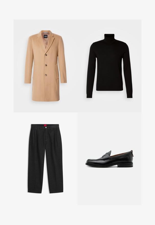 Camel wollen blend jas met een notch-lapel, een enkele sluiting, drie bruine knopen, twee zijzakken en een soepele textuur.; Zwarte coltrui van fijn gebreide stof, met lange mouwen en een getailleerde pasvorm. Gladde textuur met geribbelde manchetten.; Zwarte hoge taille broek met plooien aan de voorkant, ceintuurlussen, een knoop- en ritsluiting, en een rood label aan de binnenkant van de tailleband.; Zwarte leren herensloffen met moc toe stiksel, pennyriem, gestructureerde kraag en lage gestapelde hak op witte achtergrond.