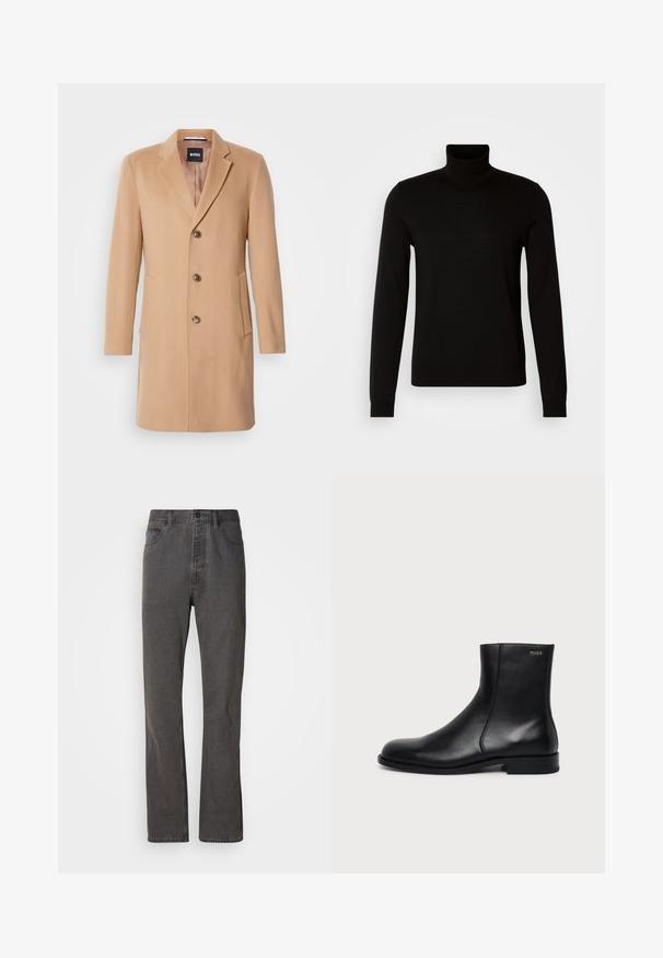 Camel wollen blend jas met een notch-lapel, een enkele sluiting, drie bruine knopen, twee zijzakken en een soepele textuur.; Zwarte coltrui van fijn gebreide stof, met lange mouwen en een getailleerde pasvorm. Gladde textuur met geribbelde manchetten.; Grijze spijkerbroek met een rechte pijp, voorzien van voorzakken, een knoopsluiting en een subtiele textuur.; Zwarte leren enkellaars met lage hak, zijstiksels en klein "HUGO" logo op de bovenste boord tegen een effen achtergrond.