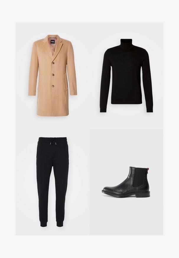 Camel uldblandede frakke med spids krave, enkeltstående knaplukning, tre brune knapper, to sidelommer og glat tekstur.; Sort turtleneck sweater lavet af et fint strikket stof, der har lange ærmer og en tætsiddende silhuet. Glat tekstur med ribbede manchetter.; Sorte sweatpants lavet af blødt stof, med elastisk talje og snøre, sidelommer og afsluttende tætsiddende manchetter ved anklerne.; Sort læder Chelsea-støvle med elastiske sidepaneler, afrundet tå og lav, stablet hæl. Har en rød løftestrop og subtil branding på siden.