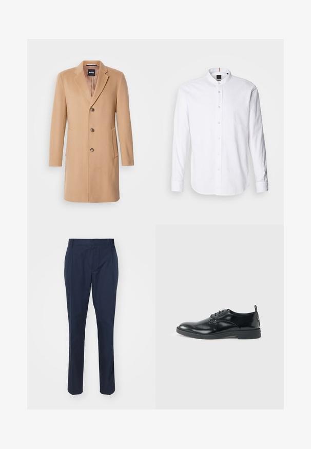 Manteau en mélange de laine couleur chameau avec col cranté, fermeture simple, trois boutons bruns, deux poches latérales et texture lisse.; Chemise blanche à manches longues avec col bande, boutonnière à l'avant et ourlet arrondi. Fabriquée en coton, elle présente une texture lisse et un léger éclat.; Pantalon bleu marine en tissu lisse, à coupe ajustée, avec deux poches avant et un pli le long de chaque jambe pour un look élégant.; Chaussure habillée en cuir noir brillant avec un petit talon, fermeture à lacets et bout rond, vue de côté sur un fond uni et clair.