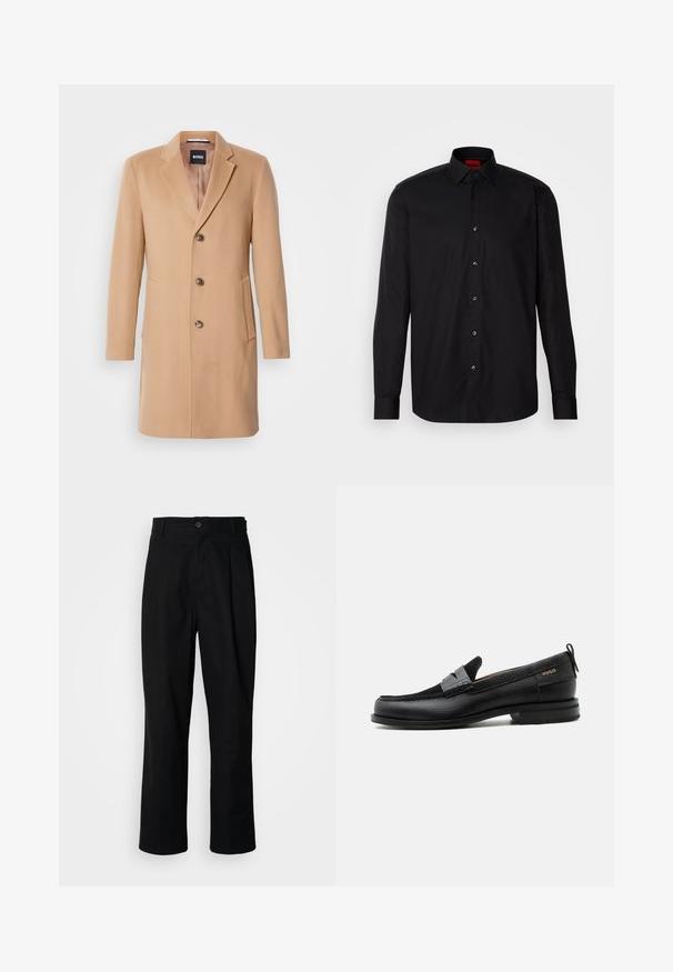 Manteau en mélange de laine couleur chameau avec col cranté, fermeture simple, trois boutons bruns, deux poches latérales et texture lisse.; Chemise noire à manches longues en tissu lisse, avec un col classique, un fermeture à boutons à l'avant et une coupe ajustée.; Pantalons noirs à jambes droites avec une taille à bouton, passants de ceinture et pli avant, présentés sur un fond blanc uni.; Mocassin en cuir noir avec détail de bride grise, talon bas et semelle texturée, marqué "HUGO" en or sur le côté.