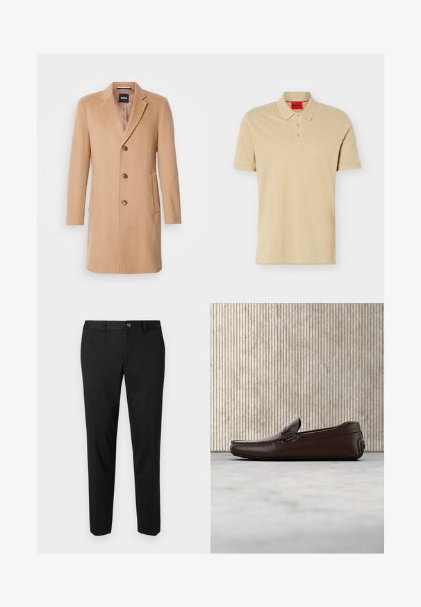 Camel wollen blend jas met een notch-lapel, een enkele sluiting, drie bruine knopen, twee zijzakken en een soepele textuur.; Beige polo met korte mouwen, drie knopen en een klein reliëflogo op de borst, plat liggend op een witte achtergrond.; Zwarte broeken gemaakt van een gladde stof. Ze hebben een rechte snit, een vlakke voorkant en een knoopsluiting met een eenvoudig taillebandontwerp.; Bruine lederen instappers met een gladde afwerking, moccasin-stijl stiksels, een verhoogde neus en een lage, flexibele rubberen zool.