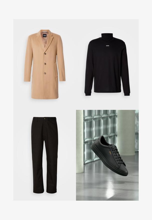 Camel uldblandede frakke med spids krave, enkeltstående knaplukning, tre brune knapper, to sidelommer og glat tekstur.; Sort langærmet turtleneck skjorte lavet af glat stof, med et hvidt "HUGO" logo på brystet, samt tætsiddende manchetter og kant.; Sorte bomuldsbukser med lige pasform, bæltestropper, lynlås foran og en enkelt knappelukning. Glat tekstur uden synlige mønstre.; Sort lavtopet lædersneaker med sorte snørebånd og gyldent BOSS-logo på siden, svævende over en blank grå gulv i et moderne indendørs rum.