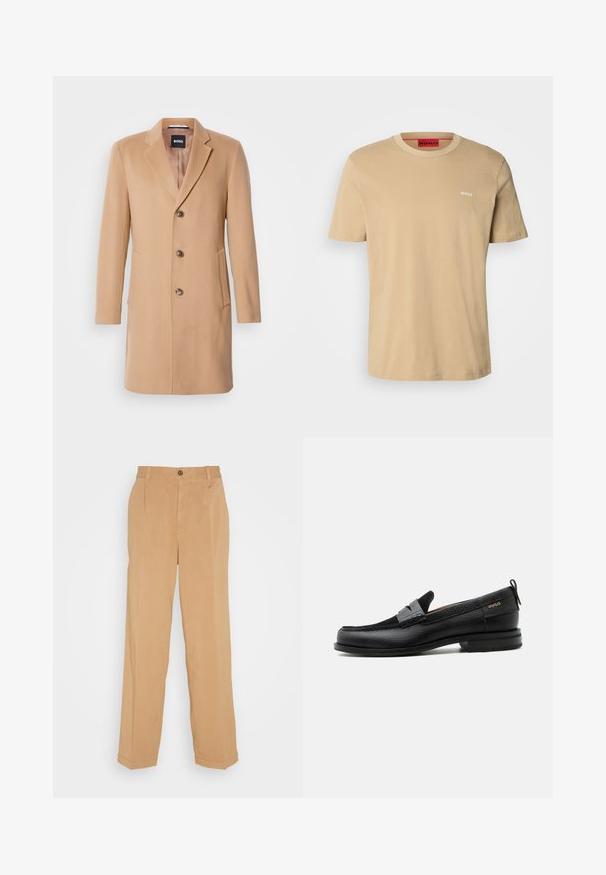 Abrigo de mezcla de lana color camello con solapa muescada, cierre de un solo botón, tres botones marrones, dos bolsillos laterales y textura suave.; Camiseta de algodón beige con cuello redondo, mangas cortas y un pequeño logo blanco "HUGO" en el pecho. Textura suave sin patrones.; Pantalones de pierna ancha en beige, fabricados con tejido suave, que cuentan con dos bolsillos frontales, un cierre de botón y detalles de pliegues a lo largo de las piernas.; Mocasín de cuero negro con detalle de tira gris, tacón bajo y suela texturizada, con la marca "HUGO" en oro en el lateral.