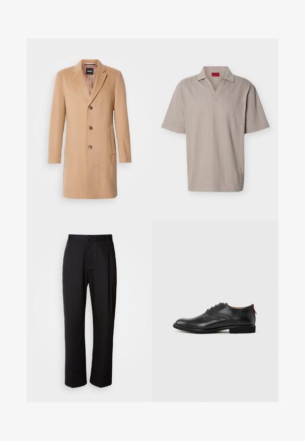 Manteau en mélange de laine couleur chameau avec col cranté, fermeture simple, trois boutons bruns, deux poches latérales et texture lisse.; Polo en maille beige à manches courtes avec un motif rayé vertical texturé et un col en V ouvert.; Pantalon noir à coupe droite, en tissu léger. Il dispose d'une fermeture à bouton sur le devant et de deux poches latérales ; texture lisse.; Chaussure habillée pour homme en cuir noir, à lacets sur l'avant, avec une languette rouge au talon, sur fond uni.