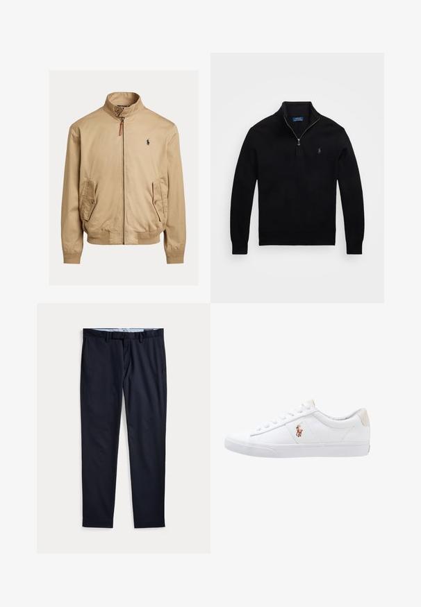 Beež bomber-jakk, mis on valmistatud siledast kangast. Omab püsti kaelust, kahte küljetaskut, soonikkoes mansette ning väikest logo rinnal.; Must mustravi pullover, mille neljaosaline kaelus, väike logo rinnal ning soonilised mansetid ja alläär.; Meri sinist värvi meeste pidulikud püksid, millel on vööaasad, luku ette, ja küljetaskud, lamades valgel taustal.; Valge kanvasest tennis, madala lõikega disain, millel on beež kontsapink ja väike tikitud logo küljel. Kummi välissole.