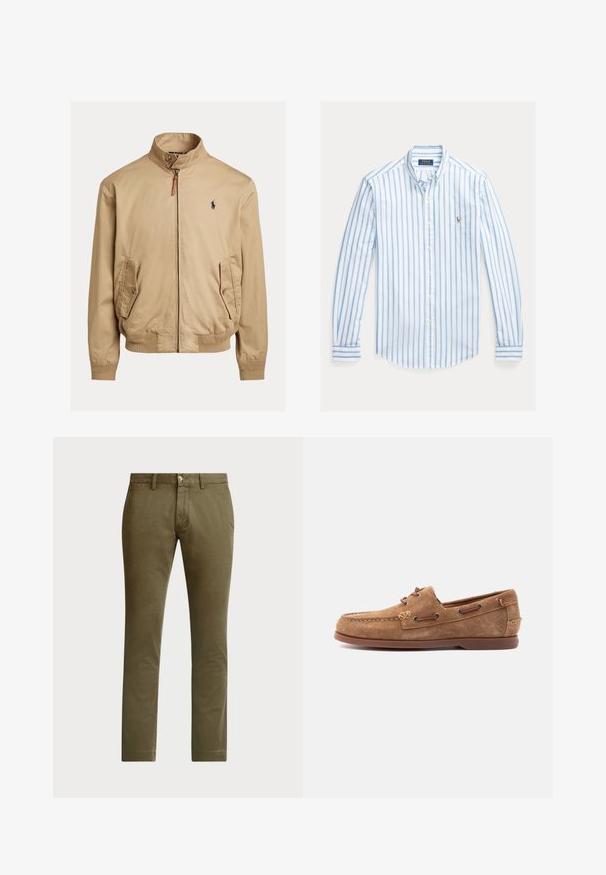 Blouson beige en tissu lisse. Caractéristiques d'un col montant, de deux poches latérales, de poignets côtelés et d'un petit logo sur la poitrine.; Chemise boutonnée à manches longues avec des rayures bleu clair et blanches, en coton, ourlet arrondi et petit emblème sur le côté gauche de la poitrine.; Polo Ralph Lauren BEDFORD STRETCH SLIM FIT CHINO PANT - Chino - canopy olive; Mocassin en daim marron avec détails en lacet de cuir, pointe cousue et semelle en caoutchouc plate, présenté de profil sur un fond clair.