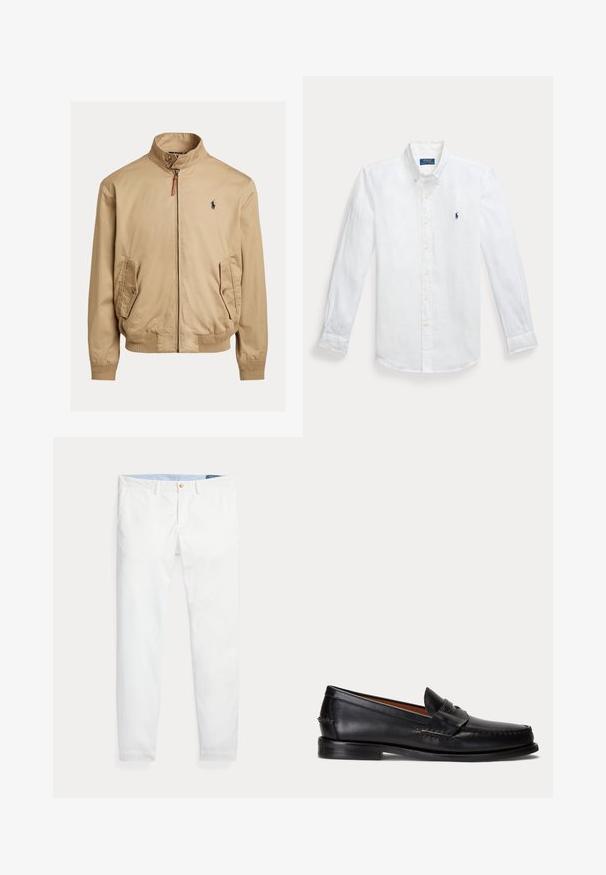 Blouson beige en tissu lisse. Caractéristiques d'un col montant, de deux poches latérales, de poignets côtelés et d'un petit logo sur la poitrine.; Chemise boutonnée blanche en lin à manches longues avec un col pointu et un logo bleu brodé sur la poitrine gauche. Dispose de poignets à boutons.; Chinos en coton blanc coupe slim, dotés d'une fermeture à un bouton doré et d'une ceinture intérieure bleu clair. Texture lisse sans motifs.; Mocassin en cuir noir avec un petit talon et une bride penny, vu de côté sur un fond gris clair.