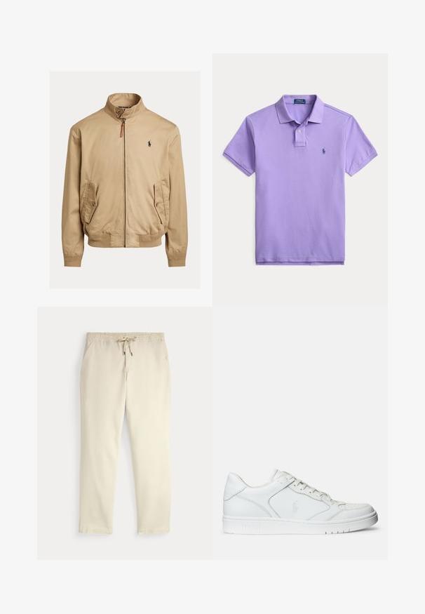 Beige bomber jacket, joka on valmistettu sileästä kankaasta. Ominaisuuksiin kuuluvat seisomakaulus, kaksi sivutaskua, ribbikuvioidut hihansuut ja pieni logo rinnassa.; Laventelinvärinen lyhythihainen polo-paita, jossa on kaulus, kaksinappi-painike ja pieni tummansininen brodeerattu hevosen logo vasemmassa rinnassa.; Valkoiset rento housut, joissa on joustava vyötärö ja nyörikiristys, suorat lahkeet ja sivutaskut yksinkertaista taustaa vasten.; Valkoinen nahkakenkä, jossa on sileä pinta, varustettuna rei'itetyllä varpaalla, nauhakäytöllä ja brodeeratulla logolla sivulla. Valkoinen kumipohja.