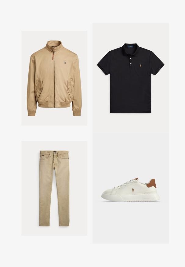 Beige bomberjack gemaakt van gladde stof. Heeft een staande kraag, twee zijzakken, geribde mouwen en een klein logo op de borst.; Zwart poloshirt met korte mouwen, twee knopen en klein geborduurd logo op de linkerborst.; Beige slim-fit broek met voorzakken, taillebandlussen en knoopsluiting, platliggend op een witte achtergrond.; Witte lage sneaker met een bruine hieltab, veterluiting aan de voorkant, dikke zool en klein geborduurd paardenlogo aan de zijkant.