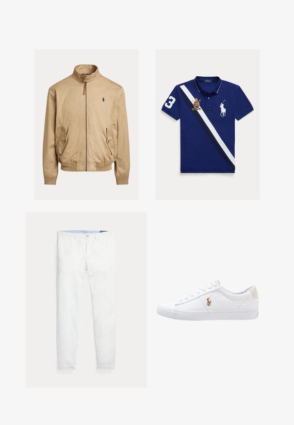Beige bomberjakke lavet af glat stof. Har en stående krave, to sidelommer, ribstrikkedeærmer og et lille logo på brystet.; Marineblå polo med hvid og marine diagonalstribe, broderet logo og nummer "3" i hvid på ærmet. Klassisk krave.; Hvide bomuldschinos med slank pasform, med en enkelt guldknaplukning og lyseblåt inderliv. Glat tekstur uden mønstre.; Hvide kanvas sneakers med lågtop design, prydet med en beige hælkappe og et lille broderet logo på siden. Gummisål.