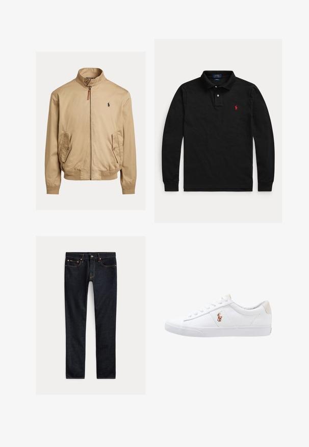 Béžová bomber bunda vyrobená z hladkej tkaniny. Obsahuje stojáčik, dve bočné vrecká, rebrované manžety a malé logo na hrudi.; Čierna polokošeľa Polo Ralph Lauren s dlhým rukávom, golierom, dvojgombíkovou légou a červeným vyšívaným logom na ľavej strane hrudníka.; Tmavomodré slim-fit džínsy s piatimi vreckami, zapínaním na gombíky a kontrastným prešívaním, položené na svetlom pozadí.; Biele plátenné tenisky s nízkym strihom, ktoré majú béžový opasok na päte a malé vyšívané logo na boku. Gumová podrážka.
