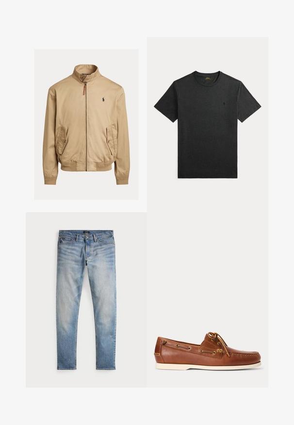 Blouson beige en tissu lisse. Caractéristiques d'un col montant, de deux poches latérales, de poignets côtelés et d'un petit logo sur la poitrine.; T-shirt noir en coton à manches courtes avec col rond et petit logo Polo Ralph Lauren sur le côté gauche de la poitrine.; Jean en denim bleu clair avec une finition délavée, design à cinq poches et couture contrastante. Comprend une fermeture éclair et des passants de ceinture. Coupe droite.; Chaussure bateau en cuir marron avec semelle blanche, lacet noué sur le dessus, et œillets métalliques le long des côtés et de la couture avant.