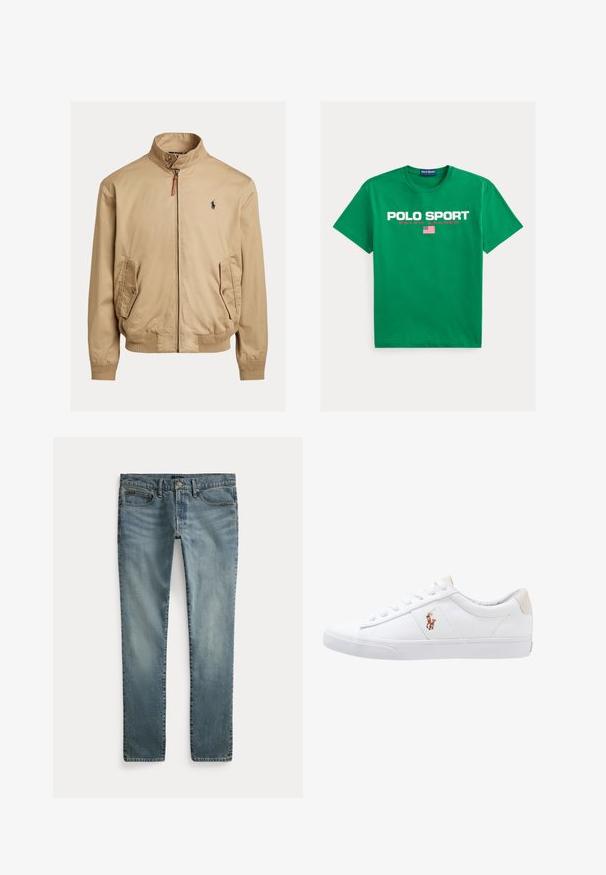 Beige bomberjakke lavet af glat stof. Har en stående krave, to sidelommer, ribstrikkedeærmer og et lille logo på brystet.; Grøn bomuld T-shirt med "POLO SPORT RALPH LAUREN" i fed hvid og rød tekst, med et lille amerikansk flaggrafik under teksten.; Blå denim jeans med lige ben, forlommer, bæltestropper og knaplukning.; Hvide kanvas sneakers med lågtop design, prydet med en beige hælkappe og et lille broderet logo på siden. Gummisål.