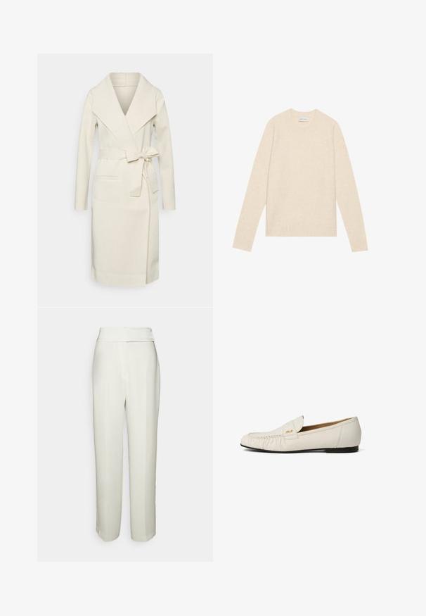 Manteau long pour femme, couleur crème, en tissu doux, avec un grand col, une ceinture amovible à nouer et deux poches frontales. Texture lisse et design épuré.; Pull en laine beige clair avec un col rond, des manches longues et des bords côtes au niveau des poignets et de l'ourlet. Texture douce, design minimal, pas de motifs ou d'accents visibles.; Halston KARTER WEDDING PANT - Pantalon classique - chalk; Mocassin en cuir blanc avec une semelle plate noire, un détail plissé à l'avant et un petit logo doré sur le côté de la tige.