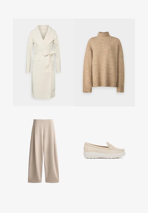 Manteau long pour femme, couleur crème, en tissu doux, avec un grand col, une ceinture amovible à nouer et deux poches frontales. Texture lisse et design épuré.; Pull à col roulé beige fabriqué en matériau tricot doux et texturé. Présente des poignets et un ourlet côtelés, ainsi qu'une coupe décontractée. Design classique et confortable.; Pantalon beige à jambes larges, taille haute et tissu lisse, présenté sur fond blanc.; Mocassin beige en cuir à enfiler avec une semelle blanche épaisse et des détails cousus sur le dessus, présenté de profil.