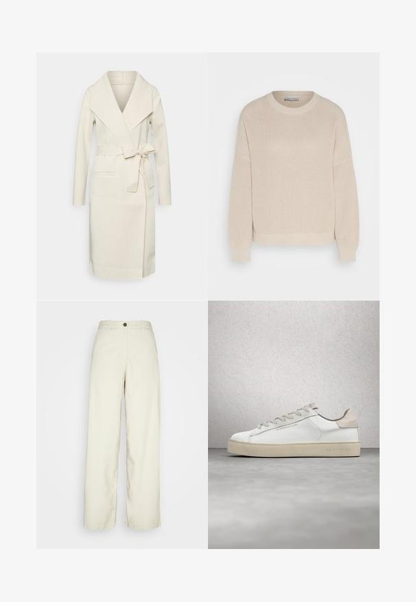 Manteau long pour femme, couleur crème, en tissu doux, avec un grand col, une ceinture amovible à nouer et deux poches frontales. Texture lisse et design épuré.; Anna Field by Zalando Pullover - grey; Weekday ELIO - Pantalon classique - beige dusty light; Sneaker en cuir blanc avec une finition lisse, accents en suède beige, bout arrondi, design à lacets plats et semelle en caoutchouc texturée.