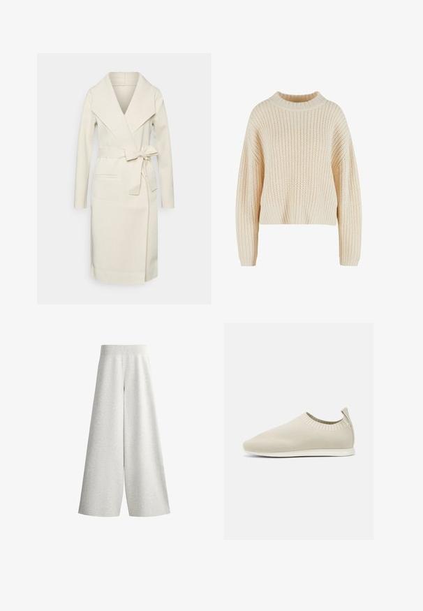 Manteau long pour femme, couleur crème, en tissu doux, avec un grand col, une ceinture amovible à nouer et deux poches frontales. Texture lisse et design épuré.; Pull en tricot crème avec un col haut en côtes, des manches larges et un motif texturé sur l'ensemble. Design court avec un ourlet en côtes.; Pantalon large en maille gris clair avec une taille élastique côtelée et des détails sur les panneaux latéraux, présenté sur fond blanc.; Chaussure slip-on en tricot beige avec profil bas, tige texturée et semelle flexible. Présente un design tissé autour de la cheville pour plus de confort.