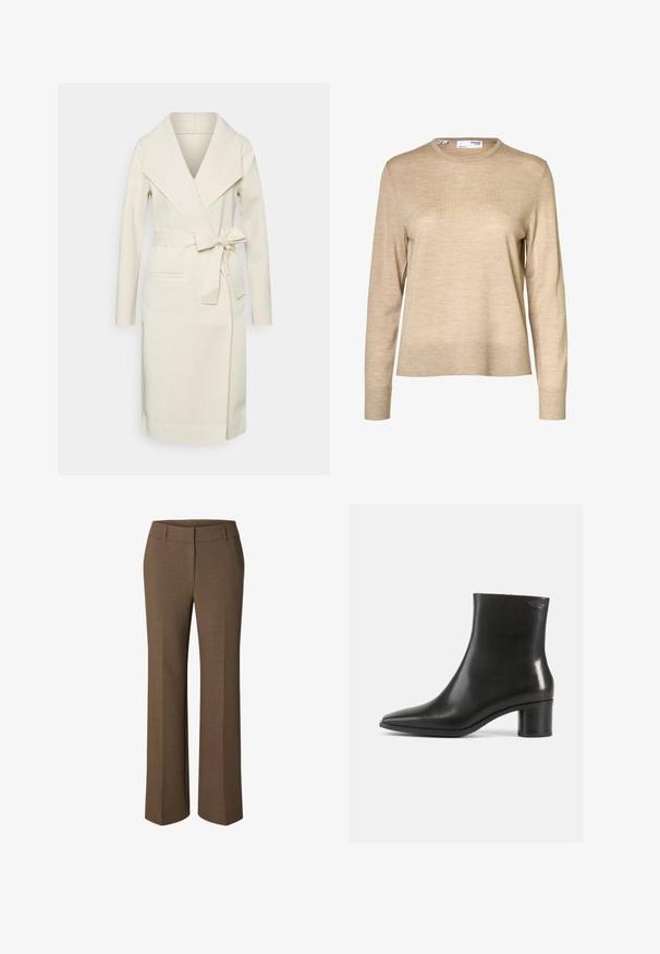 Abrigo largo para mujer en color crema, confeccionado en tela suave, con un gran cuello, cinturón de lazo desmontable y dos bolsillos delanteros. Textura lisa y diseño estilizado.; Jersey de lana beige de manga larga con cuello redondo y puños y bajo acanalados, mostrado sobre un fondo blanco.; Pantalones marrones a medida de pierna recta con trabillas para cinturón y cierre frontal, mostrados sobre un fondo blanco.; Bota de tobillo de cuero negro con punta puntiaguda y tacón de bloque de altura media. Textura lisa y diseño minimalista. Sin herrajes visibles.