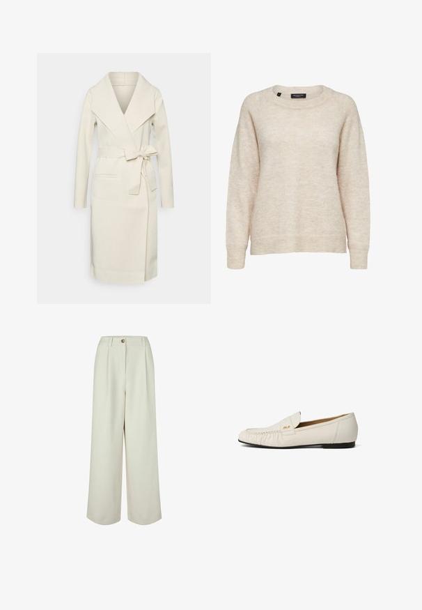 Manteau long pour femme, couleur crème, en tissu doux, avec un grand col, une ceinture amovible à nouer et deux poches frontales. Texture lisse et design épuré.; Pull beige à manches longues en mélange de laine avec col rond, poignets et ourlet côtelés, taille moyenne, étiquette indiquant "Selected Femme."; Pantalon crème taille haute à jambes larges avec passants de ceinture, fermeture par bouton et plis à l'avant, conçu pour une coupe décontractée.; Mocassin en cuir blanc avec une semelle plate noire, un détail plissé à l'avant et un petit logo doré sur le côté de la tige.