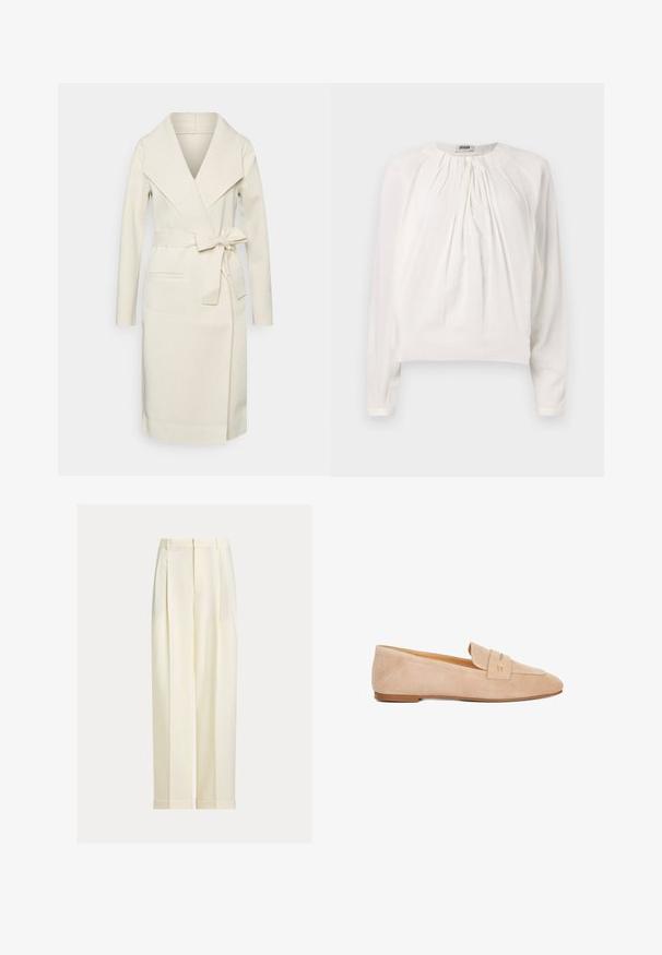 Manteau long pour femme, couleur crème, en tissu doux, avec un grand col, une ceinture amovible à nouer et deux poches frontales. Texture lisse et design épuré.; Blouse blanche à manches longues avec un col rond et un devant plissé. Tissu doux et lisse avec une coupe décontractée et un détail de bouton au col.; Pantalon sur mesure de couleur crème avec plis sur le devant, passants pour ceinture et ourlets retroussés, présenté sur un fond uni.; Mocassins en daim beige avec un talon plat, un bout arrondi et une bride décorative avec un accent doré. Texture lisse et design simple.