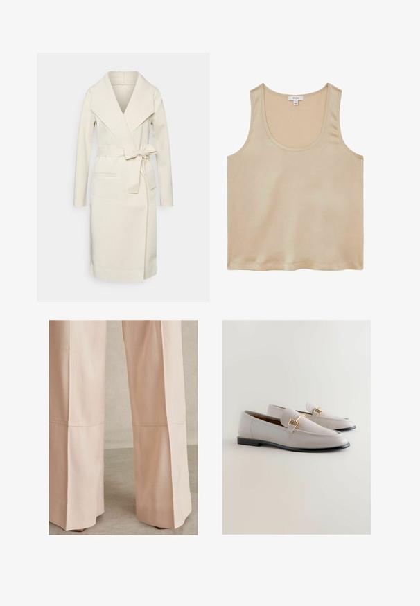 Abrigo largo para mujer en color crema, confeccionado en tela suave, con un gran cuello, cinturón de lazo desmontable y dos bolsillos delanteros. Textura lisa y diseño estilizado.; Reiss REGULAR FIT - Blusa - neutral; Pantalones de pierna ancha en color rosa claro, con una tela texturizada, detalles de costura y un corte limpio en el dobladillo. Adecuados para uso casual o formal.; Mocasines de cuero gris claro con un diseño elegante, que cuentan con detalles en tono dorado y una suela negra. Textura suave y forma de punta afilada.
