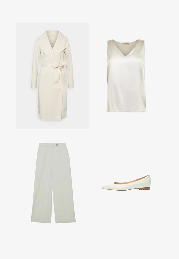 Manteau long pour femme, couleur crème, en tissu doux, avec un grand col, une ceinture amovible à nouer et deux poches frontales. Texture lisse et design épuré.; Blouse sans manches en satin ivoire avec un décolleté en V et une coupe étroite aux épaules, étiquetée Falconeri Seta Collection.; Pantalon à jambes larges en tissu léger, de couleur blanc cassé, avec des plis devant et une fermeture à bouton unique.; Ballerines en cuir blanc avec un bout pointu, un petit talon, une texture lisse et un design minimaliste. Détails cousus le long des bords.