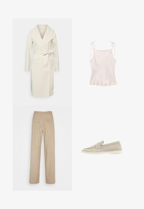 Manteau long pour femme, couleur crème, en tissu doux, avec un grand col, une ceinture amovible à nouer et deux poches frontales. Texture lisse et design épuré.; Caraco rose pâle soyeux avec fines bretelles nouées en nœuds, texture lisse et ourlet légèrement évasé.; Calvin Klein TAILORED STRAIGHT PANT - Pantalon classique - cinder; Mocassin en suède beige clair avec une semelle blanche basse, un bout arrondi et une lanière cousue sur le dessus.