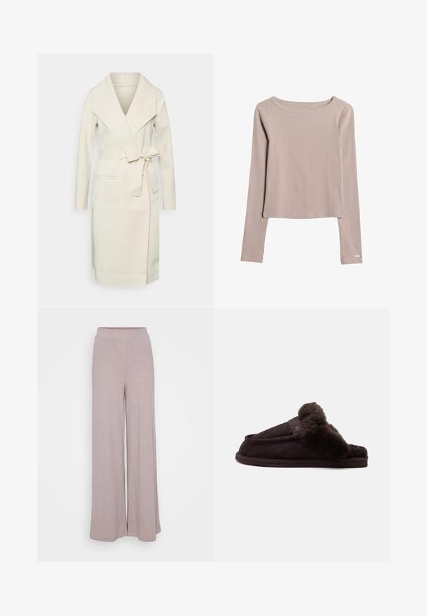 Manteau long pour femme, couleur crème, en tissu doux, avec un grand col, une ceinture amovible à nouer et deux poches frontales. Texture lisse et design épuré.; Chemise à manches longues beige clair en tissu doux et extensible. Présente un décolleté large et un ourlet légèrement court. Détails de couture subtils.; Pantalons évasés en tissu doux et côtelé dans une teinte mauve clair. Dotés d'une taille élastique pour le confort et d'une silhouette fluide.; Chausson en daim brun foncé avec doublure et bordure en fourrure épaisse et moelleuse, semelle plate et talon fermé en vue latérale sur fond blanc.