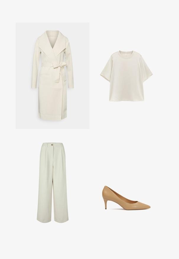 Manteau long pour femme, couleur crème, en tissu doux, avec un grand col, une ceinture amovible à nouer et deux poches frontales. Texture lisse et design épuré.; T-shirt uni beige clair à manches courtes avec col rond, coupe ample, présenté à plat sur fond blanc.; Pantalon crème taille haute à jambes larges avec passants de ceinture, fermeture par bouton et plis à l'avant, conçu pour une coupe décontractée.; Escarpin en cuir beige à talon haut avec bout pointu et talon mince de 5 cm ; texture lisse et design minimaliste sans ornements.