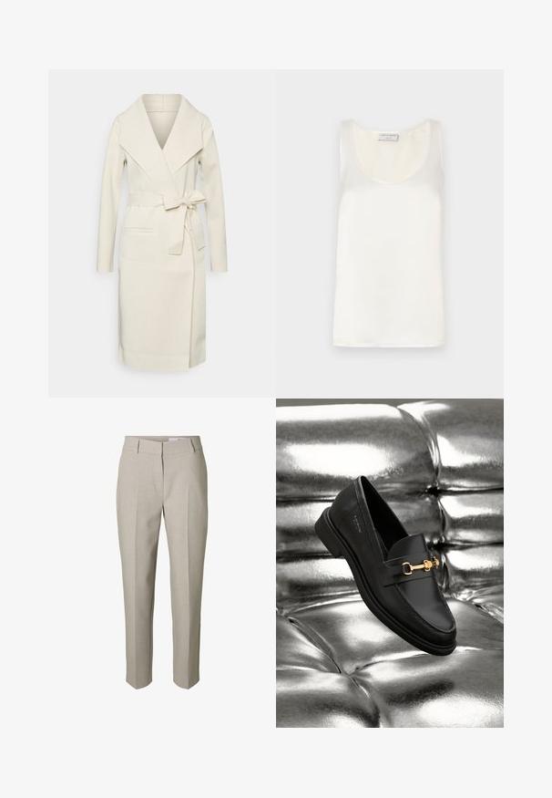 Manteau long pour femme, couleur crème, en tissu doux, avec un grand col, une ceinture amovible à nouer et deux poches frontales. Texture lisse et design épuré.; Débardeur sans manches en satin blanc avec un col rond et une texture lisse, présentant un léger éclat et des bords nets.; Pantalon beige sur mesure avec passants pour ceinture, fermeture éclair avant et plis marqués sur les jambes, présenté sur fond blanc.; Mocassin en cuir noir avec un détail en métal doré. La chaussure présente un design épuré et une texture lisse et brillante.
