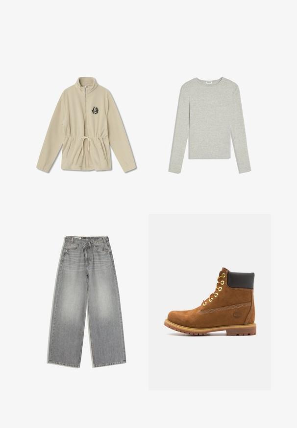 Beige fleece zip-up jacket met een hoge kraag, verstelbare drawstring taille, twee voorzakken en een zwart rond logo aan de linkerkant.; Lichtgrijs shirt met lange mouwen en ronde hals, een slanke pasvorm en zonder zichtbare patronen of logo's, platliggend op een witte achtergrond.; Grijze wijde spijkerbroek van denim met knoop- en ritssluiting, voorzakken en riemlussen, plat gelegd op een witte achtergrond.; Bruine suède enkellaars met zwarte gewatteerde kraag, gouden oogjes, vetersluiting aan de voorkant en een rubberen zool met een gestructureerd patroon.