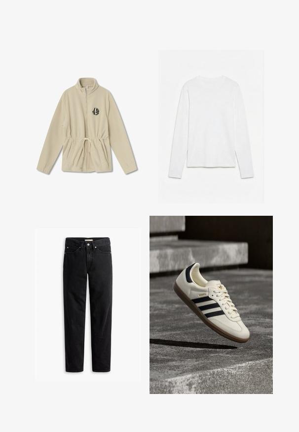 Beige Fleece-Zip-Jacke mit hohem Kragen, verstellbarem Kordelzug in der Taille, zwei Fronttaschen und einem runden schwarzen Logo auf der linken Seite.; Schlichtes weißes Langarm-T-Shirt mit Rundhalsausschnitt, flach auf einer weißen Oberfläche liegend, Vorderseite und gesamte Ärmellänge sichtbar.; Schwarze gerade Jeans mit Knopf- und Reißverschluss, Gürtelschlaufen sowie Vorder- und Gesäßtaschen, auf weißem Hintergrund flach präsentiert.; Weißer Adidas Samba Sneaker mit schwarzen Streifen und Gummisohle, schwebend über strukturierten grauen Betontreppen.