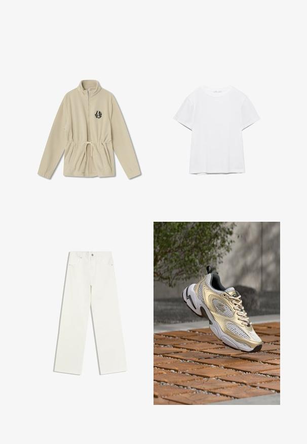 Beige fleece zip-up jacket met een hoge kraag, verstelbare drawstring taille, twee voorzakken en een zwart rond logo aan de linkerkant.; Effen wit T-shirt met korte mouwen en ronde hals, met een rechte zoom, gepresenteerd tegen een witte achtergrond.; Witte jeans met hoge taille en rechte pijpen, met voorzakken en een knoopsluiting op een witte achtergrond.; Witte en beige sneaker met mesh- en lederen details, zwevend boven een bruin houten oppervlak met een vervaagde groene plant en een grijze muur op de achtergrond.