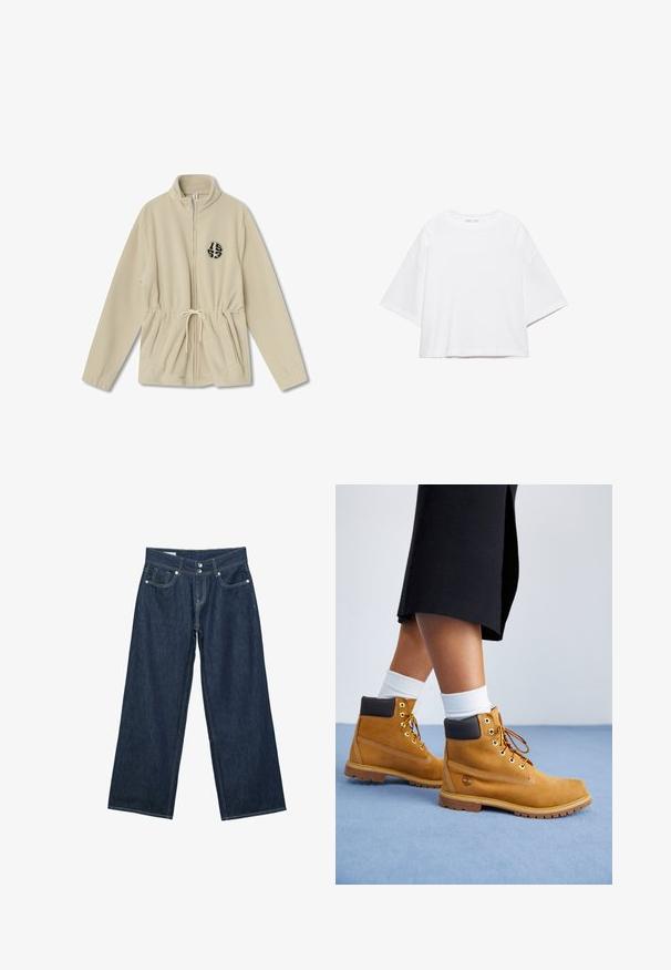 Beige fleece zip-up jacket met een hoge kraag, verstelbare drawstring taille, twee voorzakken en een zwart rond logo aan de linkerkant.; Wit, kort mouw, boxy t-shirt gemaakt van zacht katoen. Heeft een ronde hals en brede mouwen, met een strak, eenvoudig ontwerp.; Donkerblauwe wijde spijkerbroek met dubbele knoopsluiting, voorzakken en contrasterende stiksels op een witte achtergrond.; Tan suède enkellaarsjes met bruine leren accenten, gouden oogjes en een getextureerde zool. Witte sokken zichtbaar boven de laarsjes.