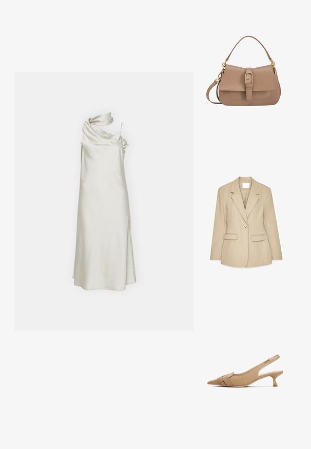 Beige blazer met een gestructureerde afwerking,genoteerde revers, sluiting met één gouden knoop en twee voorzakken. Getailleerde pasvorm en gestructureerd ontwerp.; Eén-schouder jurk in romige satijn met ruches bij de halslijn, vloeiende A-lijn silhouet en een verstelbare schouderband.; Beige slingback hakken met een spitse neus, voorzien van een geknoopte detail en een medium blokhak. Gemaakt van glad leer met een matte afwerking.; Tan leren handtas met een gestructureerde vorm, bovenhandvat, verwijderbare schouderband, gouden hardwaren en een voorklep met een decoratieve gesp en stiksel.