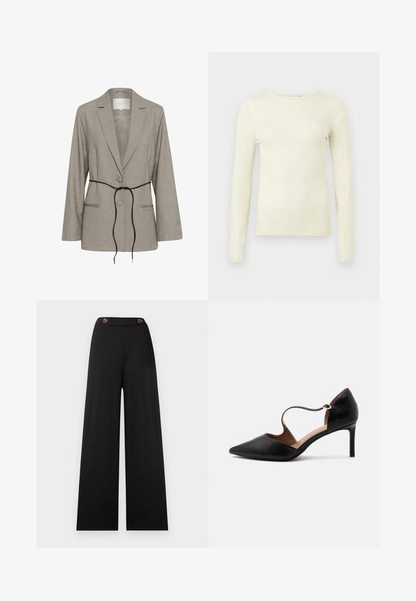 Blazer taillé gris clair avec deux boutons, revers crantés, poches passepoilées et une fine ceinture noire nouée à la taille.; Haut à manches longues en tissu jaune clair doux. Il présente un col rond et une coupe ajustée, avec une texture lisse et des détails de couture minimalistes.; Pantalon noir à jambes larges avec une taille haute, doté de deux boutons marron et d'un tissu lisse et texturé. Sans motifs ni accents supplémentaires.; Chaussure à talon haut en cuir noir à bout pointu avec une fine bride à la cheville et un talon stiletto de hauteur moyenne sur fond blanc.