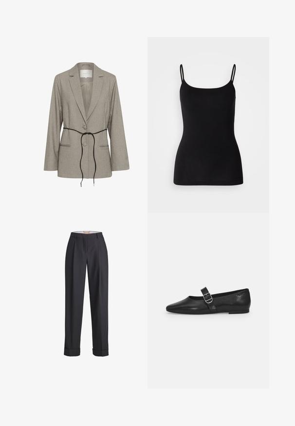 Blazer taillé gris clair avec deux boutons, revers crantés, poches passepoilées et une fine ceinture noire nouée à la taille.; Débardeur noir avec des bretelles fines et ajustables, en tissu extensible lisse et à la silhouette ajustée. Pas de motifs ni de décorations.; Pantalon gris foncé en tissu texturé, avec une taille haute, des plis et des poignets retroussés aux ourlets.; Chaussure plate en cuir noir avec un bout arrondi, une seule sangle réglable à boucle et une texture lisse et brillante. Design minimaliste avec un petit talon.
