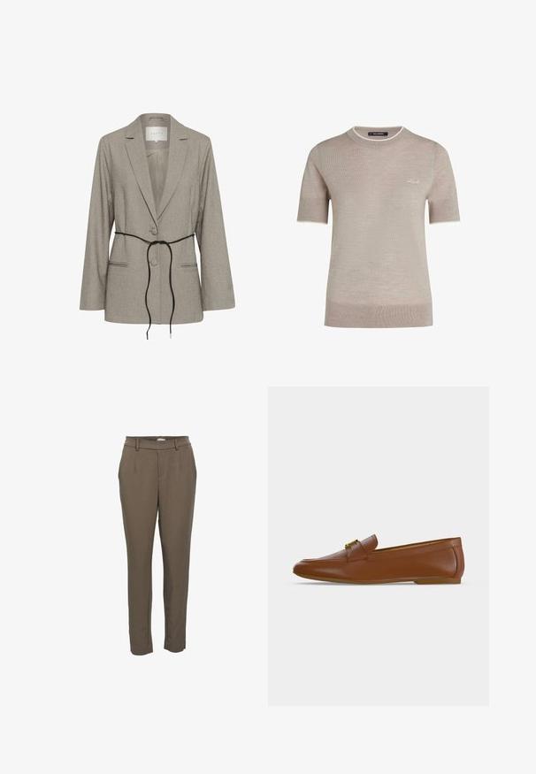 Blazer taillé gris clair avec deux boutons, revers crantés, poches passepoilées et une fine ceinture noire nouée à la taille.; Pull en maille beige à manches courtes avec col rond et bordure blanche subtile, avec une petite broderie blanche "Karl" sur la poitrine.; Pantalon habillé marron fuselé avec passants de ceinture et poches avant, conçu pour une tenue formelle ou de bureau.; Mocassin en cuir marron avec une boucle dorée et un petit talon plat, vu de profil sur un fond clair uni.