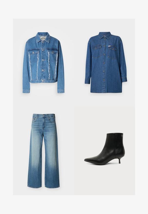 Leren spijkerjack in lichtblauw, met een klassieke kraag, een versleten voorkant, twee borstzakken en zilverkleurige knopen. Lange mouwen.; Denim shirt, lange mouwen, lichtblauw, twee borstzakken, knoopsluiting voor, klassieke kraag, textuurstof, relaxte pasvorm.; Blauwe spijkerbroek met wijde pijpen, met een vervaagde lichte wassing op de voorkant van de dijen, voorzakken, taillebandlussen en een knoopsluiting.; Zwart leren enkellaars met puntige neus en lage kittenhak op lichte achtergrond, zijaanzicht buitenkant.