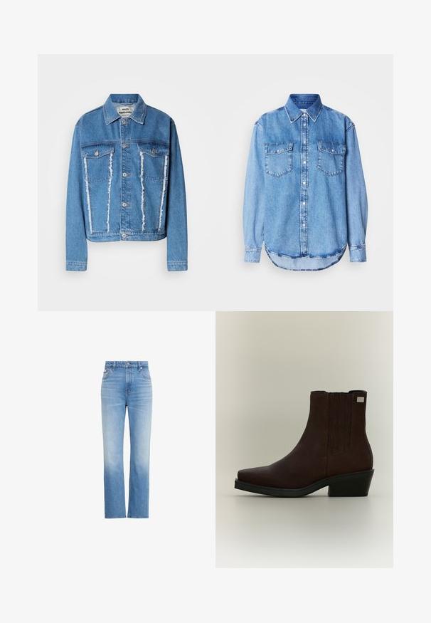 Leren spijkerjack in lichtblauw, met een klassieke kraag, een versleten voorkant, twee borstzakken en zilverkleurige knopen. Lange mouwen.; Denimshirt met een lichtblauwe kleur, klassieke kraag, knoopsluiting aan de voorkant, twee borstzakken en een afgeronde zoom met stikseldetails.; Lichtblauwe high-waisted rechte denim jeans met voorzakken, riemlussen, knoop en ritssluiting.; Donkerbruine suède enkellaars met lage hak, elastische zijpanelen en vierkante neus op een lichtgrijze achtergrond.