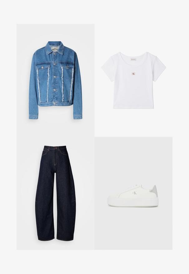Denimjakke i lyseblå, med klassisk krave, slidte forside, to brystlommer og sølvfarvede knapper. Lange ærmer.; Hvid cropped t-shirt med korte ærmer, rund halsudskæring og lille firkantet Calvin Klein Jeans-logo på midten foran.; Mørkeblå brede jeans i denim, med høj talje, lige pasform, fem lomme-design og kontrastsyninger.; Hvide lærredssneakers med en tyk hvid sål, prydet med en metallic sølvaccent på hælen og en diskret logo-detalje på siden.