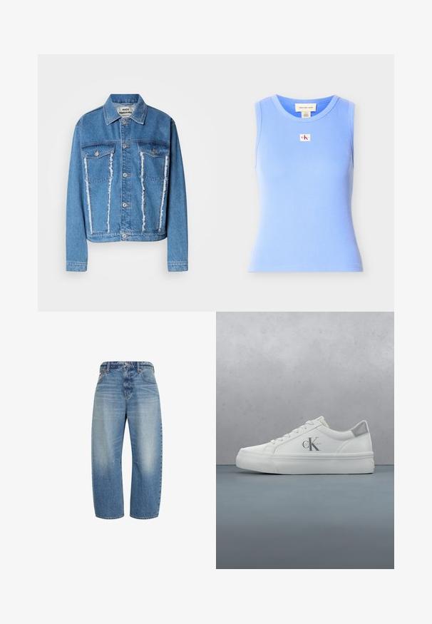 Denimjakke i lyseblå, med klassisk krave, slidte forside, to brystlommer og sølvfarvede knapper. Lange ærmer.; Ærmeløs lyseblå ribstrikket tanktop med rund halsudskæring og lille Calvin Klein Jeans logopatch centreret på brystet.; Blå højtsiddende, vide cowboybukser med forlommer, knap og lynlåslukning, der viser falmede vaskedetaljer på lårene.; Hvide lædersneakers med flad sål, der har en diskret grå hælaccent og et fremtrædende 'CK' logo på siden.