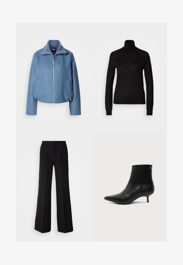 Blå cropped jakke med krave, lavet af blødt stof. Har en frontlynlås og to sidelommer. Teksturdetalje på kraven.; Sort turtleneck sweater lavet af et let strikket stof. Har lange ærmer og en tætsiddende silhuet med raglan-sømme.; Sorte bukser lavet af glat stof, med høj talje, bred ben silhuet og to frontfolder for ekstra design detaljer.; Sort læder ankelstøvle med spids tå og lav kitten hæl på lys baggrund, der viser yderside.