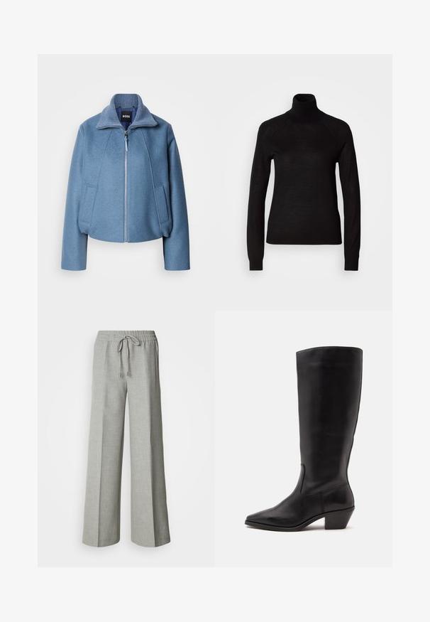 Blå cropped jakke med krave, lavet af blødt stof. Har en frontlynlås og to sidelommer. Teksturdetalje på kraven.; Sort turtleneck sweater lavet af et let strikket stof. Har lange ærmer og en tætsiddende silhuet med raglan-sømme.; Lysegrå bukser med brede ben, elastisk taljebånd med snøre, forlommer og et subtilt tekstureret stof.; Sort læderstøvle til midtkalv med spids tå og lavt skråt hæl på en enkel lys baggrund.