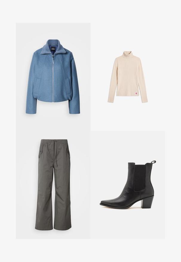 Blå cropped jakke med krave, lavet af blødt stof. Har en frontlynlås og to sidelommer. Teksturdetalje på kraven.; Beige ribstrikket langærmet turtleneck sweater med et lille logopatch nær den nederste kant på en hvid baggrund.; Grå vide benbukser lavet af letvægtsstof, der har elastisk talje, snor og to sidelommer med knap-accenter.; Dolce Vita SHADIE - Støvletter - black
