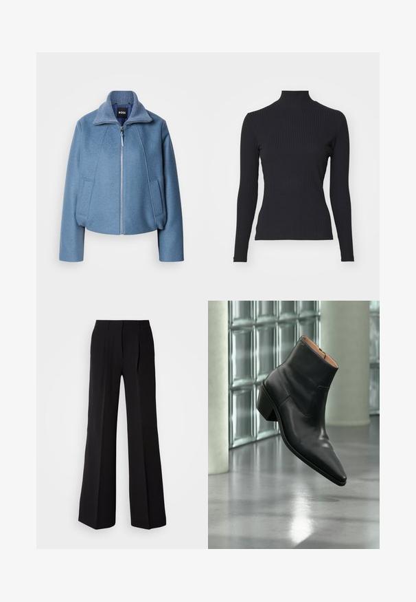 Blå cropped jakke med krave, lavet af blødt stof. Har en frontlynlås og to sidelommer. Teksturdetalje på kraven.; Sort ribbet turtle-sweater med lange ærmer. Lavet af strækbart stof med en tætsiddende pasform og høj krave. Enkel design uden udsmykninger.; Sorte bukser lavet af glat stof, med høj talje, bred ben silhuet og to frontfolder for ekstra design detaljer.; Sort læderankelstøvle med spids tå og blokhæl, der svæver over en reflekterende grå gulv nær en væg af glasblokke.