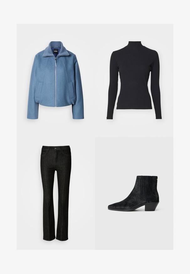 Blå cropped jakke med krave, lavet af blødt stof. Har en frontlynlås og to sidelommer. Teksturdetalje på kraven.; Sort ribbet turtle-sweater med lange ærmer. Lavet af strækbart stof med en tætsiddende pasform og høj krave. Enkel design uden udsmykninger.; Sorte denim jeans med lige snit, med knaplukning, fem lommer og subtile syninger. Glat tekstur og klassisk design.; Sort ankelstøvle med spidse tæer, tekstureret håragtigt materiale, ribbet sidepanel og en lav, firkantet hæl. Simpelt og moderne design.