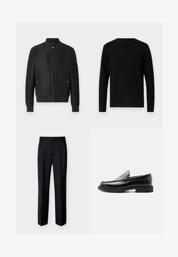 JOOP! ADAMS - Chaquetas bomber - black; Suéter negro de punto con cuello redondo y mangas largas. Textura suave y color sólido, sin patrones ni acentos visibles.; Pantalones negros hechos a medida con corte recto, pinzas delanteras y bolsillos laterales. Elaborados con una tela suave y ligera con un patrón sólido.; Mocasín de cuero negro con suela de goma gruesa, empeine cosido y nombre de la marca en relieve en el talón, mostrado en perfil lateral sobre fondo blanco.