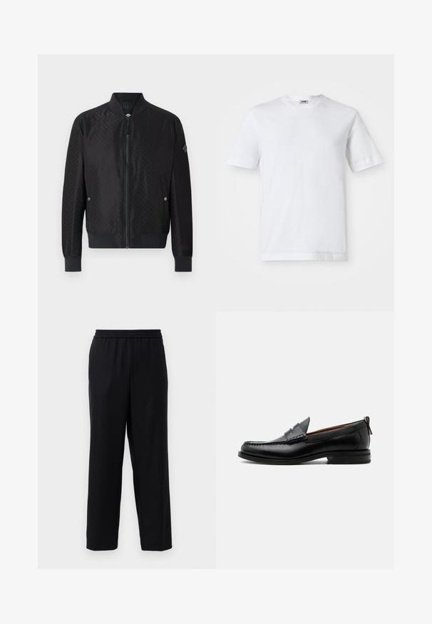 JOOP! ADAMS - Blouson Bomber - black; T-shirt en coton blanc à manches courtes, col rond et texture lisse. Aucun motif ni accent visible.; Pantalons noirs avec une taille élastique, design à jambes droites et un tissu lisse et léger. Pas de poches visibles ni de motifs.; Mocassin homme en cuir noir avec couture moc toe, bride penny, col texturé et petit talon empilé sur fond blanc.